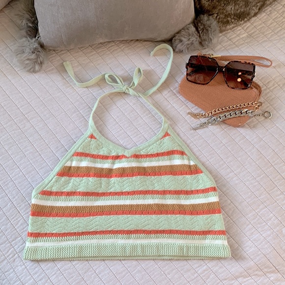 RVCA Tops - Rvca Y2K Ashley Smith Green and orange striped crochet knit halter crop top L